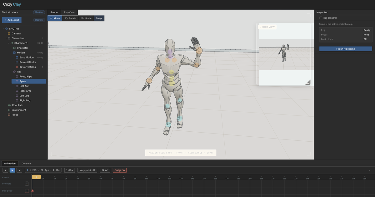 The CozyClay studio: a 3D viewport with a posed character, a scene hierarchy, an inspector panel, and a motion timeline.